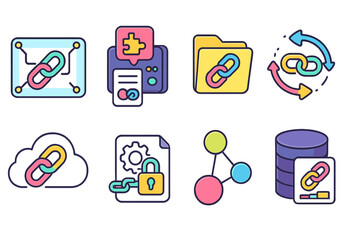 Link and network flat icon set. modern communication and connectivity symbols collection