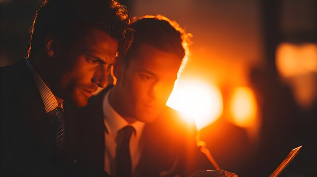 Two focused businessmen intensely reviewing data on a smartphone at night, city lights bokeh