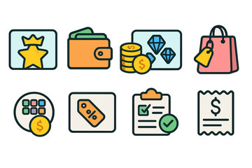 Shopping and finance outline icon set. wallet, receipt, shopping bag collection