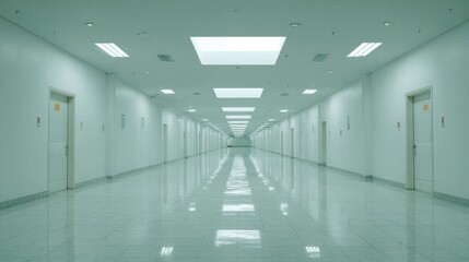 Fototapeta premium Long, Bright Hallway With White Walls and Reflective Floors in a Modern Building During Daylight Hours