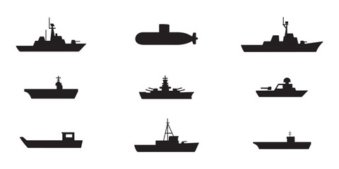 Fototapeta premium Silhouette Naval Warship And Submarine Icons Set – Military Battleship, Aircraft Carrier, Patrol Boat