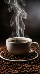 Steaming cup of coffee surrounded by roasted coffee beans