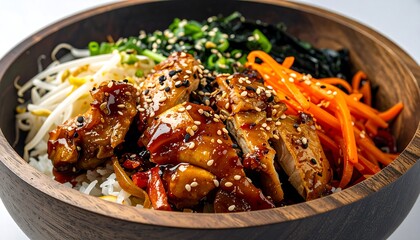 Wooden bowl filled with rice, chicken, carrots, bean sprouts, & green veggies