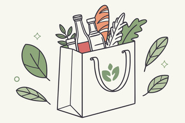 Shopping trolley, basket, bag with grocery food. Vegetables, fruits, berries, dairy, bread, past and other groceries, goods. Healthy eating concept. Isometric vector illustration. 