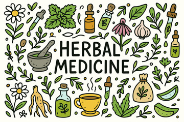 Herbal medicine outline icon set. natural remedies, plant-based health icons collection