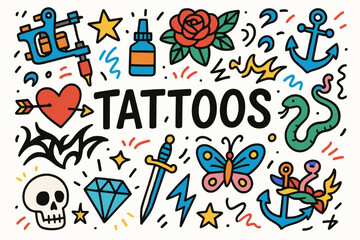 Tattoo outline icon set. art, tattoo designs, minimalistic line symbols collection