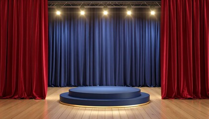Stage with blue backdrop and red curtains