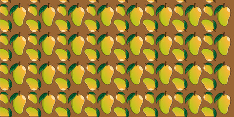 Tropical Yellow Green Mango Seamless Pattern with Leaves Flat Cartoon Vector Repeating Design Isolated on Blue Background for Decoration