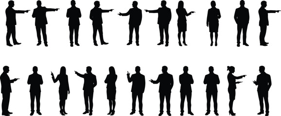Business silhouette, posture study, corporate gesture, standing pose, character design, workplace interaction, body language, stock vector, office attire, illustration