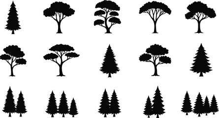 Tree silhouette collection, black forest icons, coniferous and deciduous shapes, nature design elements, vector tree set for illustration, graphic art