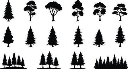 Tree silhouette grid, deciduous and coniferous shapes, forest cluster, botanical design, nature icon, vector illustration, plant outline, minimal style, reference