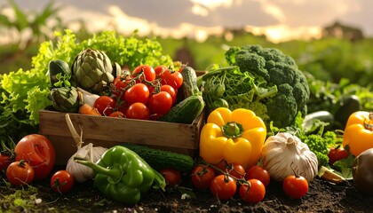 Fresh produce spilling from a wooden crate, on the ground in a farm field scene