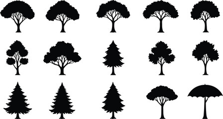 Tree silhouette grid, foliage shape, plant outline, nature icon, botanical design, umbrella anomaly, vector illustration, minimal style, reference, contrast