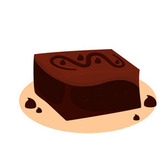 Illustration of delicious chocolate brownies slice with melted topping on plate, classic dessert for bakery design, cafe menu, culinary poster, food decoration, and kids education