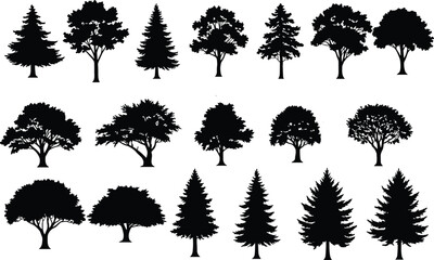 Tree silhouettes, coniferous and broadleaf, foliage shapes, forest icons, botanical elements, nature trees, vector design, seasonal trees, black silhouettes, isolated trees © Hasib World