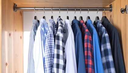 Wooden closet with shirts on hangers, the shirts are in many shades of blue
