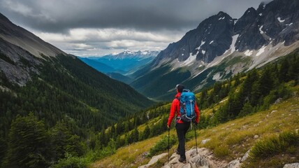 Fototapeta premium Hiker with blue backpack on mountain trail overlooking valley