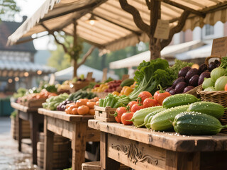 Organic vegetables and leafy greens on wooden stalls at a traditional open air farmers market in summer
