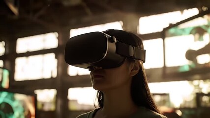 Young person experiencing virtual reality headset technology in digital environment - Powered by Adobe