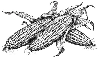 Detailed black and white illustration of corn cobs