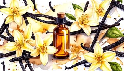 Aromatic vanilla extract in amber bottle, surrounded by vanilla bean pods and blossoms