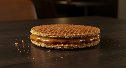 A close up of a stroopwafel on a dark surface with crumbs scattered around the sweet treat item