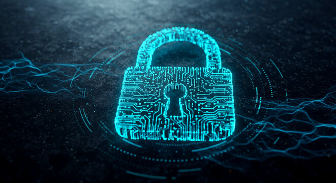 Glowing blue padlock with a digital hud overlay, symbolizing cybersecurity during Cybersecurity Awareness Month, against a dark background with circuit-like lines.