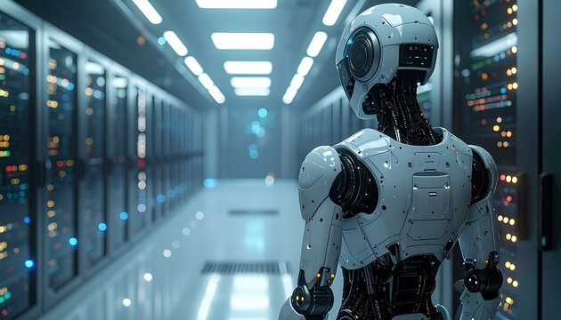 Robot in a futuristic data center