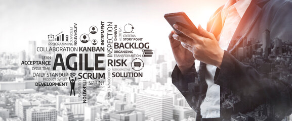 A business professional engages with a smartphone amidst an urban backdrop, highlighting Agile and Scrum methodologies that enhance project management and teamwork. Tessel