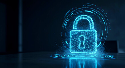 A glowing blue padlock with a hud interface in a dark room, symbolizing cybersecurity and protection during Cybersecurity Awareness Month.