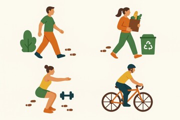 Active lifestyle illustrated through engaging scenes of individuals exercising cycling and practicing eco-friendly habits emphasizing health wellness and environmental consciousness