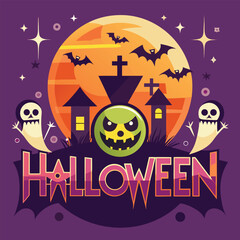 Spooky Halloween Emblem Design with Haunted House, Pumpkin Face, Bats, and Full Moon in Dark Horror Style for Party Poster, Banner, or Sticker