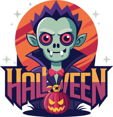 Spooky Halloween Emblem Design with Haunted House, Pumpkin Face, Bats, and Full Moon in Dark Horror Style for Party Poster, Banner, or Sticker