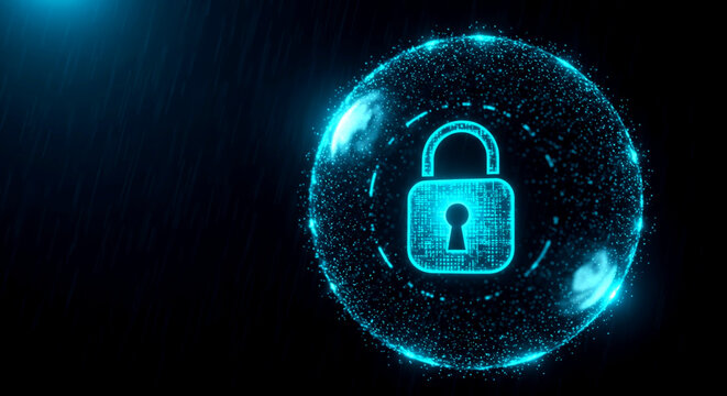 Glowing blue padlock icon within a futuristic hud on a dark background, representing cybersecurity and data protection for Cybersecurity Awareness Month. - Powered by Adobe