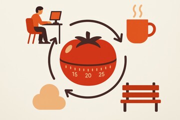 A creative illustration depicting a productivity cycle featuring a timer, coffee, and a figure working diligently at a computer for time management and focused workflow optimization capturing