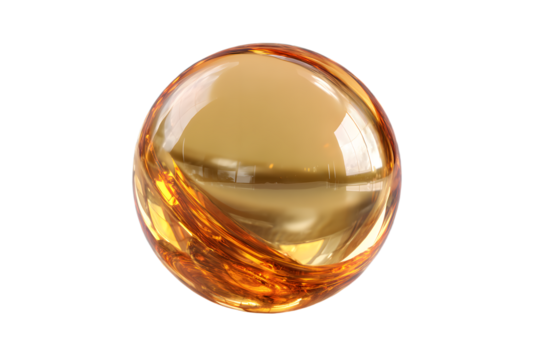 Isolated gold sphere on clear backdrop Cosmetic vitamin or oil capsule Template for golden glass orb Vector 3D collagen serum ball