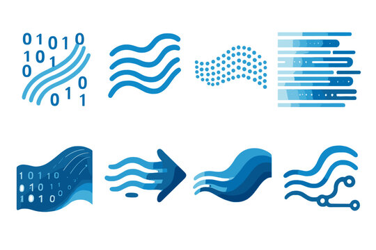 Abstract Data Icons. Data Stream set of icons in abstract flat : flowing binary numbers, curved data lines, wave of dots, layered code streams,