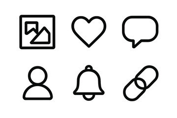 Fototapeta premium Social Media Icon Set. Social media icons in outline style: content icon, heart, chat bubble, profile avatar, notification bell, link chain