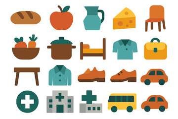 Everyday Icons Collection. Household needs set of icons in abstract flat : bread loaf, apple, milk jug, cheese wedge, vegetables basket, cooking pot,