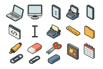 Isometric Work Tools. Work tools set icons in modern isometric flat : laptop, desktop screen, tablet, mobile phone, code editor, text cursor,