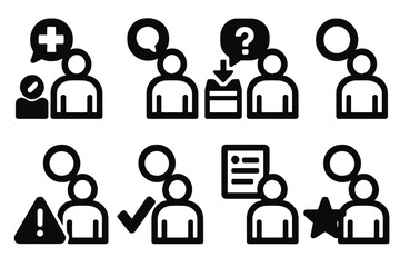 Brutalist Check-In Icons. Feedback & Support silhouette set : employee check-in with support icon, employee check-in with question mark, employee