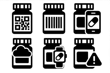 Digital Health Icons. Digital Health Bottles silhouette set : pill bottle with QR code, pill bottle with barcode, pill bottle with smartphone, pill