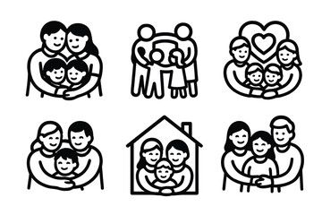Family Huddle Icons. Family Group Huddle icons in outline style: parents and children hug, family circle, heart in center of group, shared embrace,
