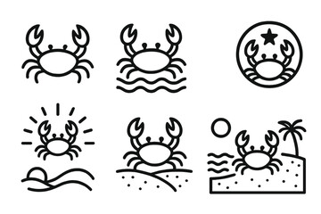 Beach life linear icon set. featuring crab, sea, sun, beach, palm tree, moon, ocean, sand, vacation, wave symbols