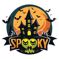 Spooky Halloween Emblem Design with Haunted House, Pumpkin Face, Bats, and Full Moon in Dark Horror Style for Party Poster, Banner, or Sticker