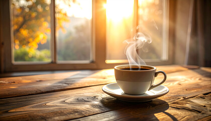 Steaming coffee cup sits on wooden table near window, sunlight streaming in, creating a warm and inviting atmosphere, perfect for a cozy autumn morning.