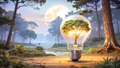 Lightbulb encasing a tree, standing in a forest with a large moon in the background