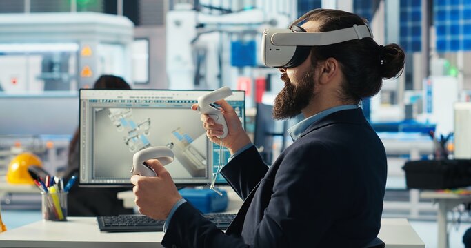Photovoltaics factory worker using VR headset to monitor performance of robot arms placing solar panels on assembly lines. Expert inspecting solar plant machinery using virtual reality technology