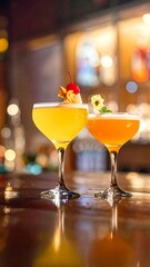 Two cocktails on a bar, vibrant colors