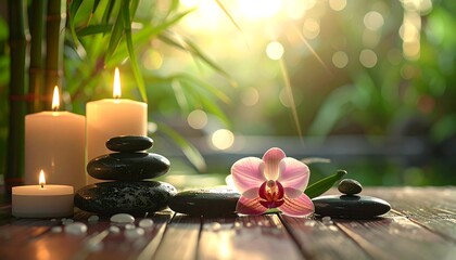 Spa scene with candles, stones, and orchid